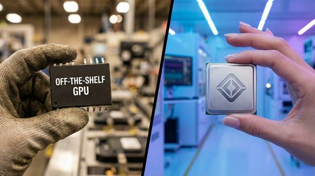 A striking split-screen photograph showcases two distinct hands gripping contrasting chips in a dramatic setting. On the left, a hand, slightly weathered yet firm, holds a generic black multi-pin chip, boldly labeled "OFF-THE-SHELF GPU," against a soft-focus industrial background. On the right, a graceful hand presents a sleek, silver custom-branded chip adorned with the elegant Rivian compass logo, gleaming under vibrant, focused light. This side hints at innovation and sophistication, contrasting with the utilitarian aesthetic of the first. The composition balances textures and colors, evoking a mood of competition between conventional and pioneering technology.