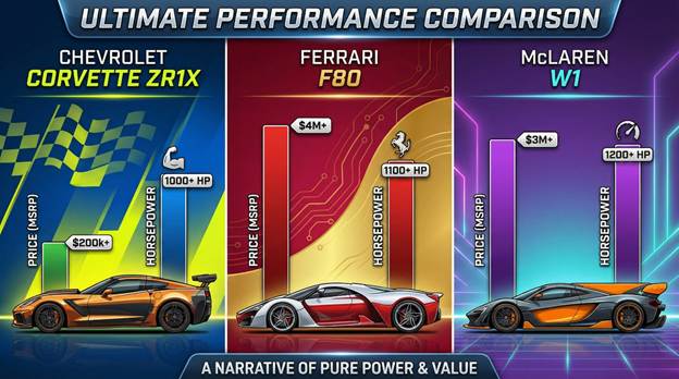 An engaging split-screen infographic showcasing a dynamic comparison of the Corvette ZR1X profile alongside the sleek Ferrari F80 and the aerodynamic McLaren W1. Each vehicle is beautifully illustrated against a contrasting background that enhances their unique aesthetics. Bar charts are integrated seamlessly, vividly displaying the stark price differences – the Chevrolet represented by a small bar, while the others tower prominently. Another chart illustrates horsepower, suggesting the Chevrolet impressively matches or exceeds its competitors. The color palette is vibrant, with attention to detail, creating a visually compelling narrative of automotive prowess.