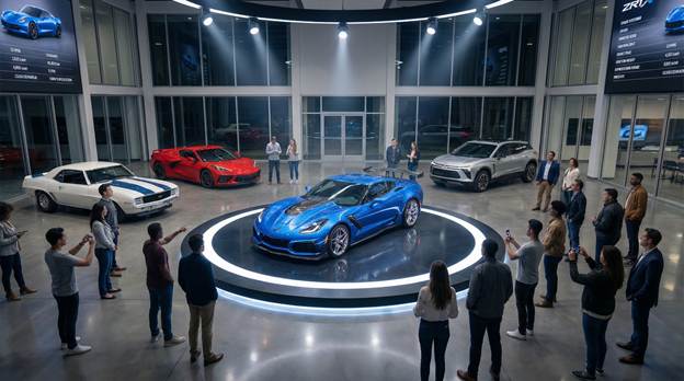 A spacious showroom scene captures a dazzling ZR1X, prominently displayed on a revolving turntable illuminated by bright spotlights, emphasizing its sleek contours and reflective surfaces. Surrounding the ZR1X are iconic models such as a stylish C8 Stingray, a classic Camaro, and an innovative Blazer EV, each contributing to the automotive allure. A diverse group of intrigued customers attentively admires the ZR1X, engaging with it while positioned next to the more budget-friendly models. The environment boasts polished floors and contemporary decor, creating an atmosphere of luxury and excitement, enticing potential buyers in this automotive oasis.