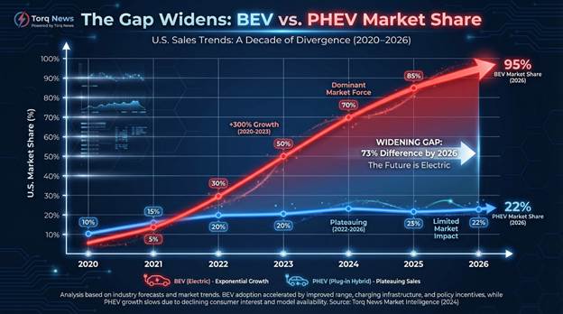 An engaging line graph infographic designed specifically for Torq News, illustrating U.S. sales trends from 2020 to 2026. The vibrant Red line prominently displays the consistent upward trajectory of Battery Electric Vehicle (BEV) sales, while the Blue line captures the plateauing or minimal increases in Plug-in Hybrid Electric Vehicle (PHEV) sales. The title, "The Gap Widens: BEV vs. PHEV Market Share," is stylishly integrated at the top, emphasizing the growing disparity between the two markets. The background features subtle grid lines to enhance readability, creating a visually appealing and informative presentation.