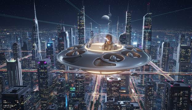 A person in a ufo flying over a city</p>
<p>AI-generated content may be incorrect.
