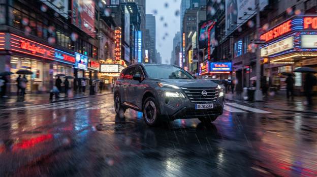 A stunning and dramatic shot captures a sleek 2026 Nissan Rogue PHEV gliding through a rainy city street during twilight. The scene is alive with the vibrant reflections of colorful neon signs shimmering on the slick, wet pavement, creating a captivating contrast against the deepening dusk. Raindrops cascade gracefully, enhancing the atmosphere with a sense of movement and dynamism. The vehicle’s polished exterior gleams with reflections of city lights, while the license plate, proudly reading "RE:NISSAN," adds a unique touch to this urban landscape. Overall, this striking composition encapsulates the essence of modern city life amidst a rain-