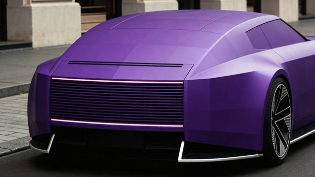 A close-up, street-level view of the rear of this car the Jaguar Type 00 in purple. Focus on the controversial &quot;strikethrough&quot; horizontal slats where the rear window should be, highlighting the lack of glass and the brutalist, blocky geometry.