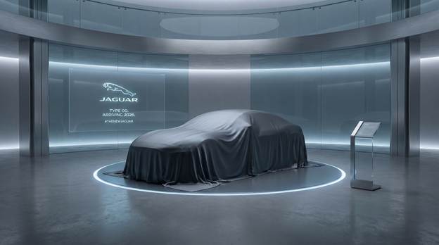 A futuristic conceptual rendering of a Jaguar showroom set in 2026. The interior is minimalist, featuring sleek lines and a sophisticated ambiance. Central to the scene is a solitary electric GT (the production Type 00), elegantly draped in a luxurious silk sheet, exuding an air of exclusivity. The surrounding empty space amplifies the sense of isolation and uniqueness, embodying the brand's innovative strategy. Soft, ambient lighting highlights the contours of the vehicle, casting delicate shadows that enhance the overall mood. The color palette consists of cool metallic tones, reinforcing the modern, high-tech aesthetic of the showroom.