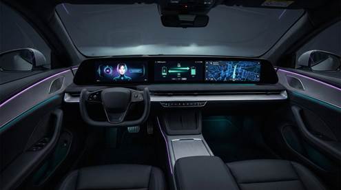 Inside the cabin of a cutting-edge Chinese electric vehicle, the point of view immerses the viewer in a sleek and modern interior. A striking, massive "pillar-to-pillar" digital screen dominates the dashboard, showcasing a smart AI assistant along with real-time energy flow and a detailed 3D navigation map. The environment is bathed in soft ambient lighting, featuring a blend of purple and teal neon hues that create a futuristic ambiance. The composition captures the hyper-realistic features of the vehicle, highlighting its innovative design and advanced technology, evoking a sense of awe and excitement.