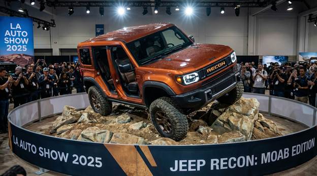 A captivating high-angle shot captures the rugged 2026 Jeep Recon in 'Moab' trim, dynamically ascending a steep, rocky incline showcased at the LA Auto Show display. The striking 'Copper Shino' paint glistens under dramatic lighting, accentuating the vehicle’s powerful lines and open-air capability with its doors removed. Highlighting the impressive suspension articulation, the scene conveys a sense of adventure and durability. Surrounding the jeep, a blend of natural textures from the rocky terrain and vibrant colors from the display creates a visually stunning environment, making the off-road prowess of this vehicle truly come alive.