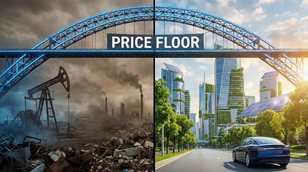 A striking split-screen visual unfolds before the viewer. On the left, a bleak, grey industrial landscape shrouded in dense smog, featuring a towering oil derrick amidst scattered debris, emphasizing environmental decay. In stark contrast, the right side bursts with life, showcasing a vibrant green city adorned with gleaming solar panels and a sleek, futuristic electric sedan gliding on pristine streets. Above, a bold 'Price Floor' bridge elegantly arches between the two worlds, symbolizing the clash of energy sources. The moody lighting casts a dramatic atmosphere, highlighting the sharp divide between industry and sustainability.