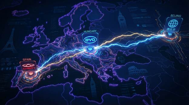 A stylized digital map of Europe, showcasing intricate details and a striking tech-noir aesthetic. Glowing nodes signify Hungary adorned with the BYD logo and Spain featuring the Chery logo, each pulsating with vibrant energy. Lines of electrifying energy connect these nodes to Beijing, weaving a network of light across the darkened landscape. The high contrast of deep blues and striking neon highlights creates a captivating atmosphere, while shadowy forms of iconic structures blur in the background. This dynamic composition invites viewers into a futuristic vision that reflects innovation and connectivity.