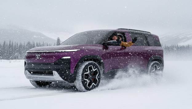 A purple car driving through the snow</p>
<p>AI-generated content may be incorrect.