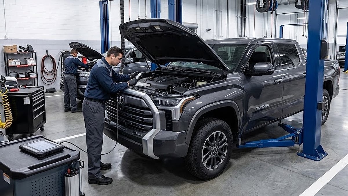 Inside a Toyota service center, a specialized technician meticulously performs a deep diagnostic engine evaluation on a used 2023 Tundra Platinum to assess catastrophic bearing risk