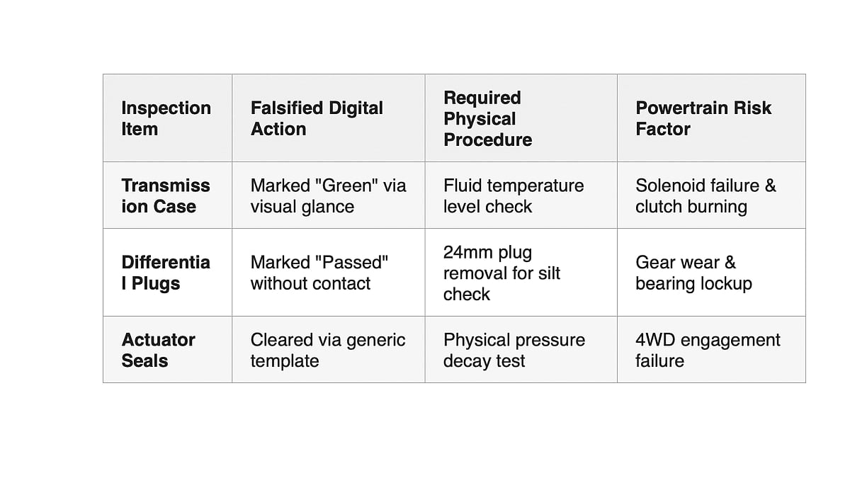 Inspection Item, Falsified Digital Action, Required Physical Procedure, &amp; Powertrian Risk Factor diagram