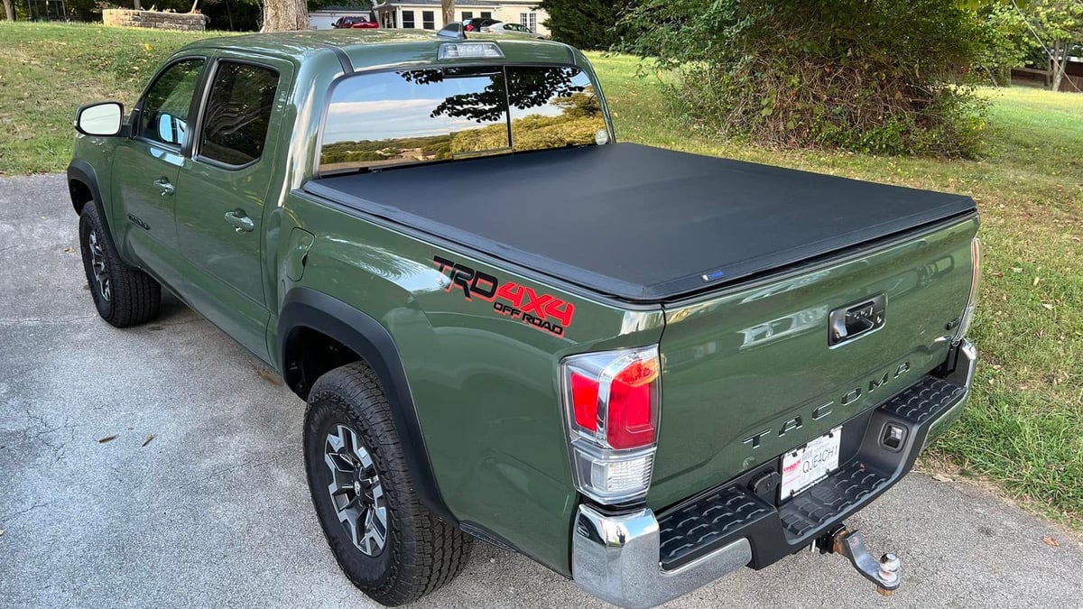 John Smith's 2022 Toyota Tacoma TRD in his Tennessee driveway rear view
