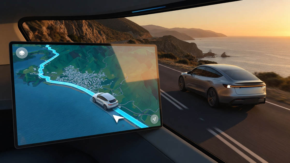 Luxury EV sedan using an Apple map. Rendering