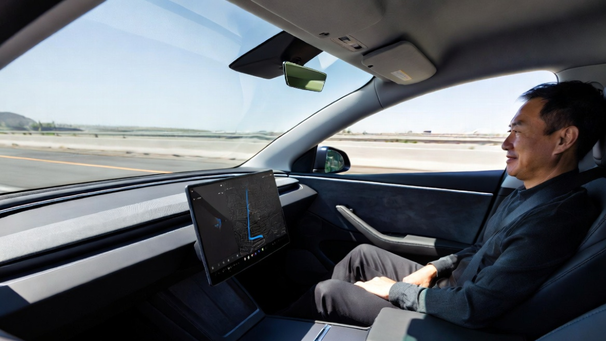 Man riding in a dirverless Tesla Cybercab