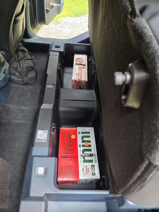 A Ford Maverick Lobo's underseat storage area
