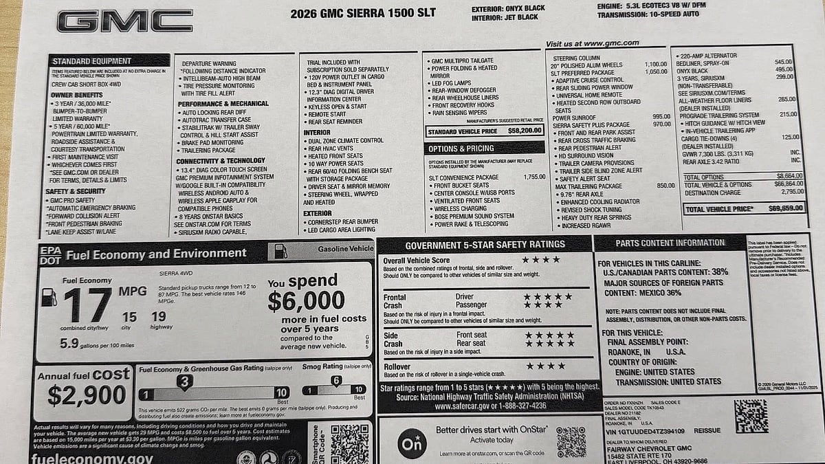 Michael Lynch's 2026 GMC Sierra monroney showing he received $10K off MSRP