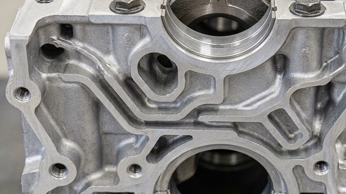 Microscopic aluminum manufacturing debris paths inside the V35A engine block channels, leading directly to crankshaft number-one main bearing failure