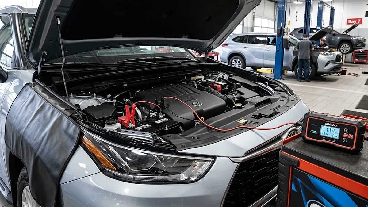 Modern digital battery maintainer connected to a 2022 Toyota Highlander in a dealer service bay, analyzing parasitic voltage draw