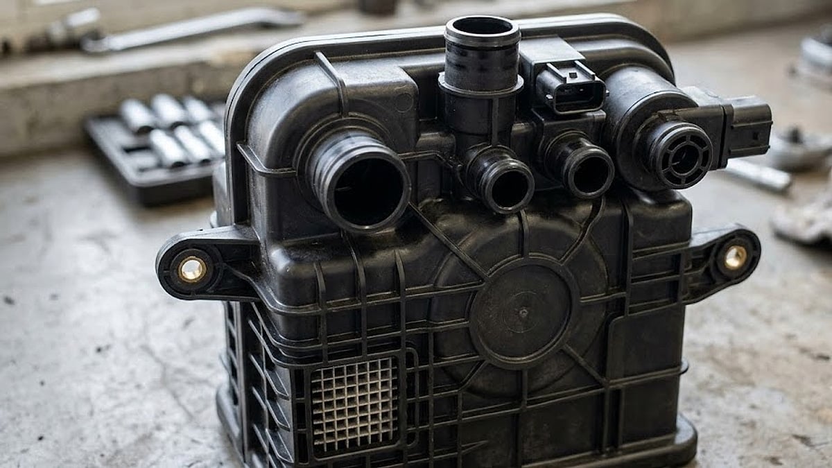 A modern Honda CR-V charcoal canister with vulnerable top ports, showing potential points of water entry-optimized