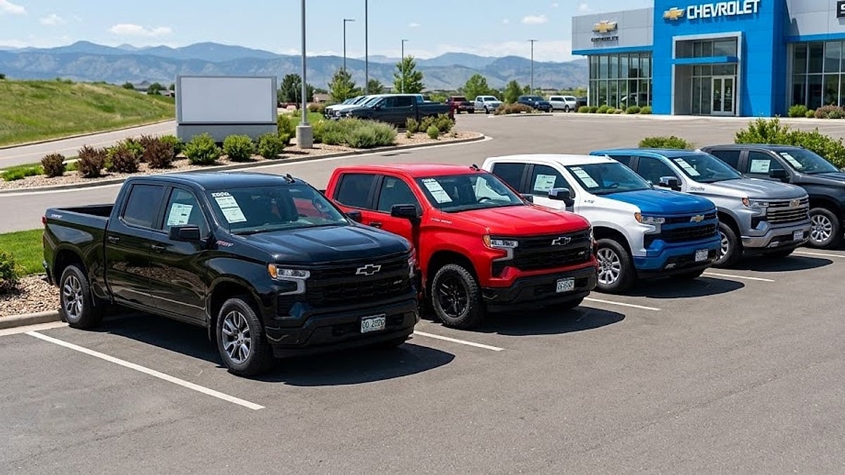 New 2026 Chevrolet Silverado 1500 trucks lined up on a sunny Colorado dealership lot for standard inventory clearance