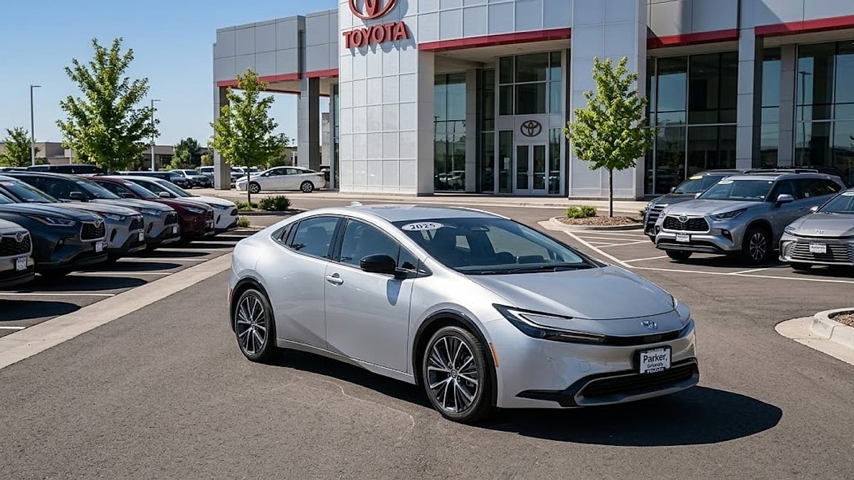 New silver Toyota Prius hybrid sedan for sale on the lot of a modern dealership in Parker, Colorado
