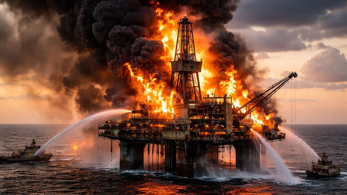 Offshore oil drilling platform on fire