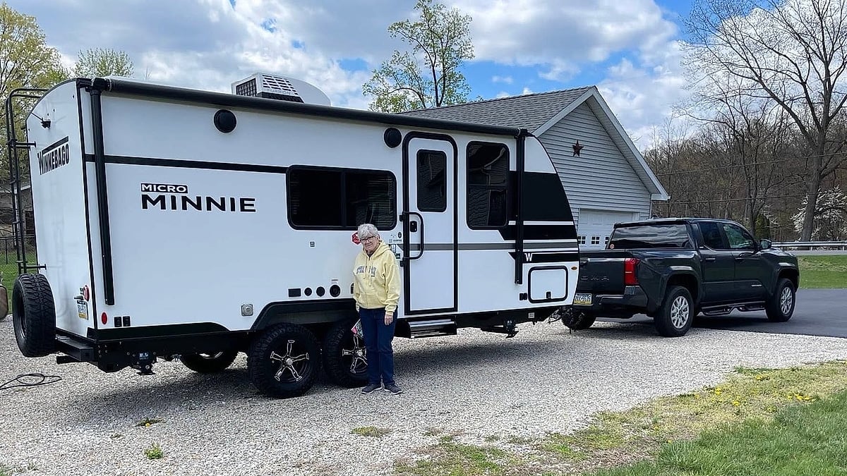 Perley Allen's 2025 Tacoma SR5 8-speed automatic 4x4 hooked up to a Winnebago Micro Mini RV