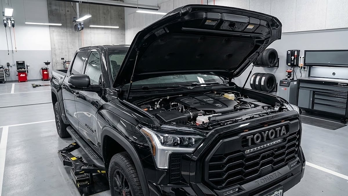 photo of a 2026 Toyota Tundra engine bay with the hood up in a modern Toyota dealership service bay