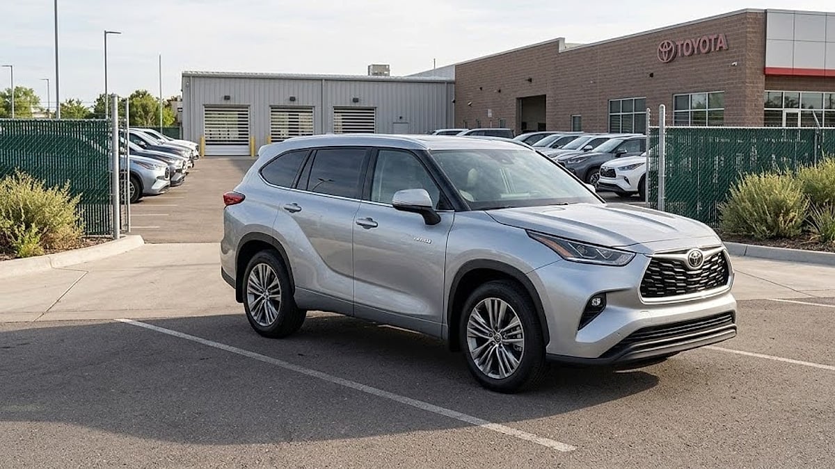 Photograph of a silver 2023 Toyota Highlander parked in a dealership service center lot, showcasing real-world vehicle repair tracking