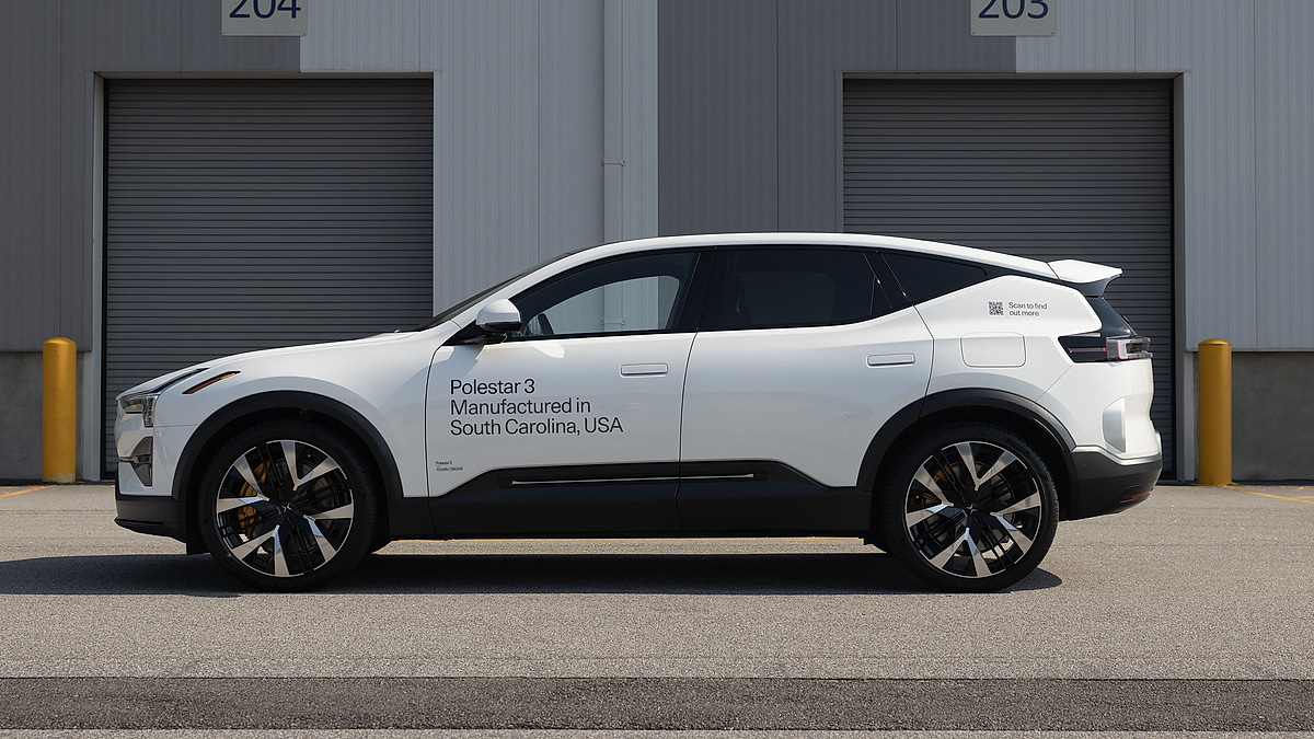 White 2025 Polestar 3 electric SUV in side profile at the South Carolina USA manufacturing facility