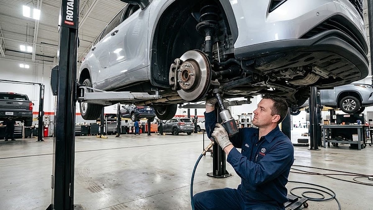 Professional technician uses a pneumatic impact wrench to service the lower ball joint and front suspension of a Toyota Highlander