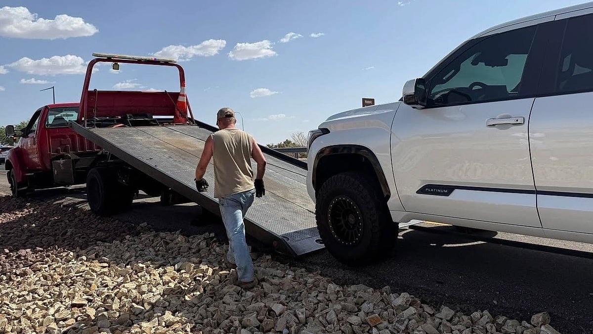 Raymond Guzman's 2024 Toyota Tundra Platinum before it's loaded on a tow truck in Texas