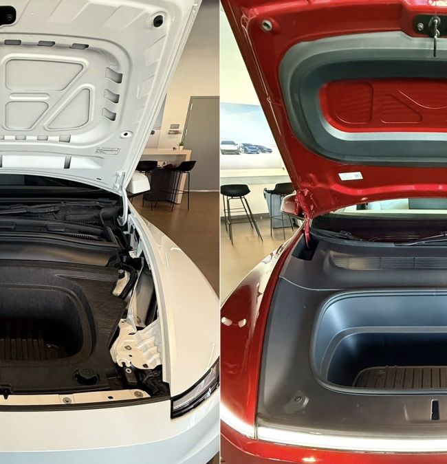 Two Tesla Model Y frunks are shown side by side with the de-contented base model appearing unfinished