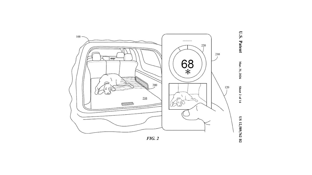 Rivian patent drawing showing a dog in an SUV cargo area with a mobile app displaying cabin temperature controls.