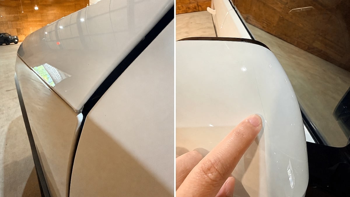 Side-by-side close-up images of a Rivian R2 body panel gap and paint surface near the front fender.