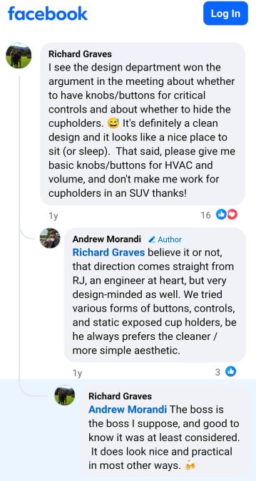 Facebook comment thread where Rivian designer Andrew Morandi confirms RJ Scaringe personally directed the minimalist interior design with hidden cupholders and no physical HVAC controls in the Rivian R2