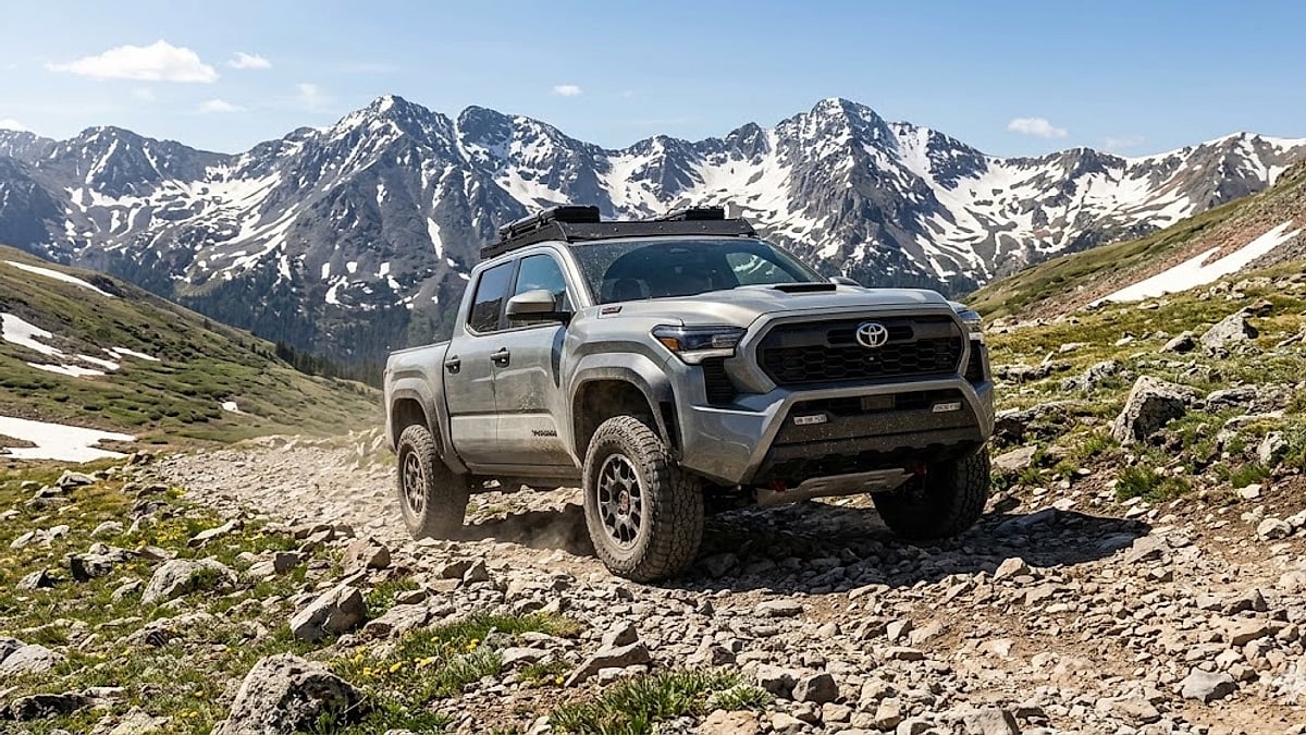 Rugged silver 2026 Toyota Tacoma traversing high-altitude Rocky Mountain dirt trails, optimized for severe terrain testing and utility-optimized