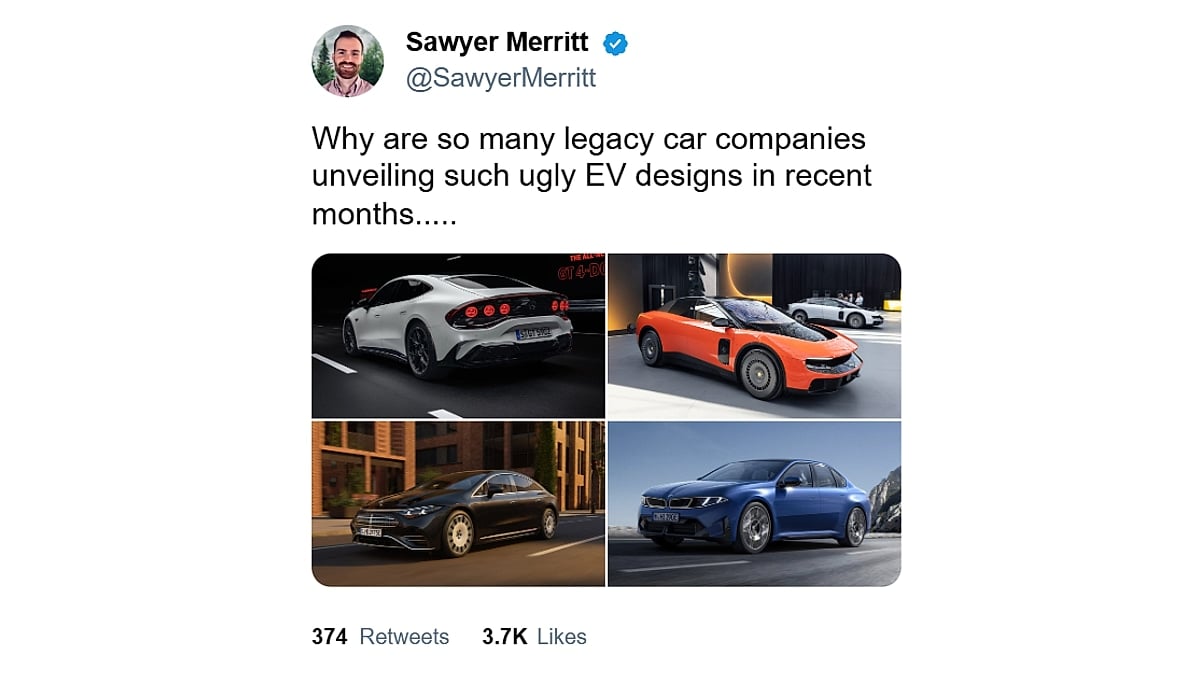 Screenshot of a Sawyer Merritt post questioning legacy automakers’ recent EV designs, with a four-image collage of electric vehicles.