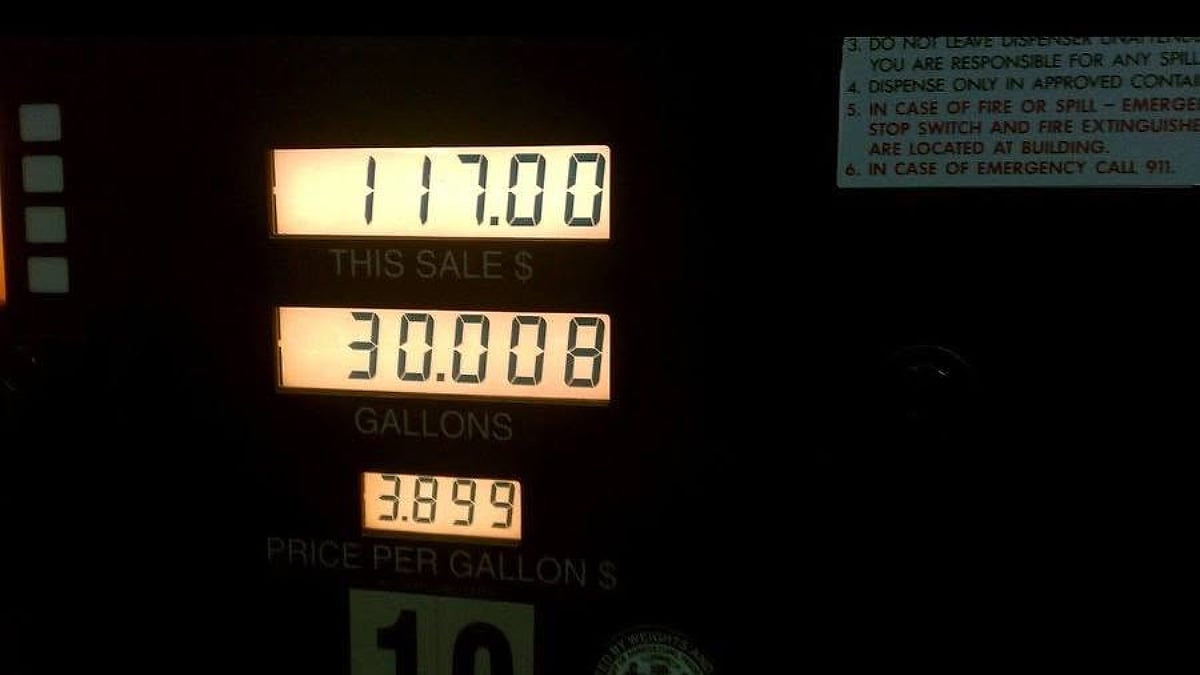 Fuel pump display showing Shawn’s Chevrolet Suburban taking on 30 gallons of gasoline at a total cost of $117.