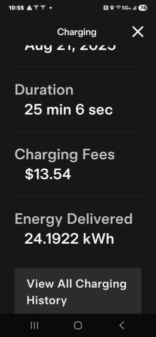 Screenshot of receipt from a Tesla Supercharger shows a very cost of energy