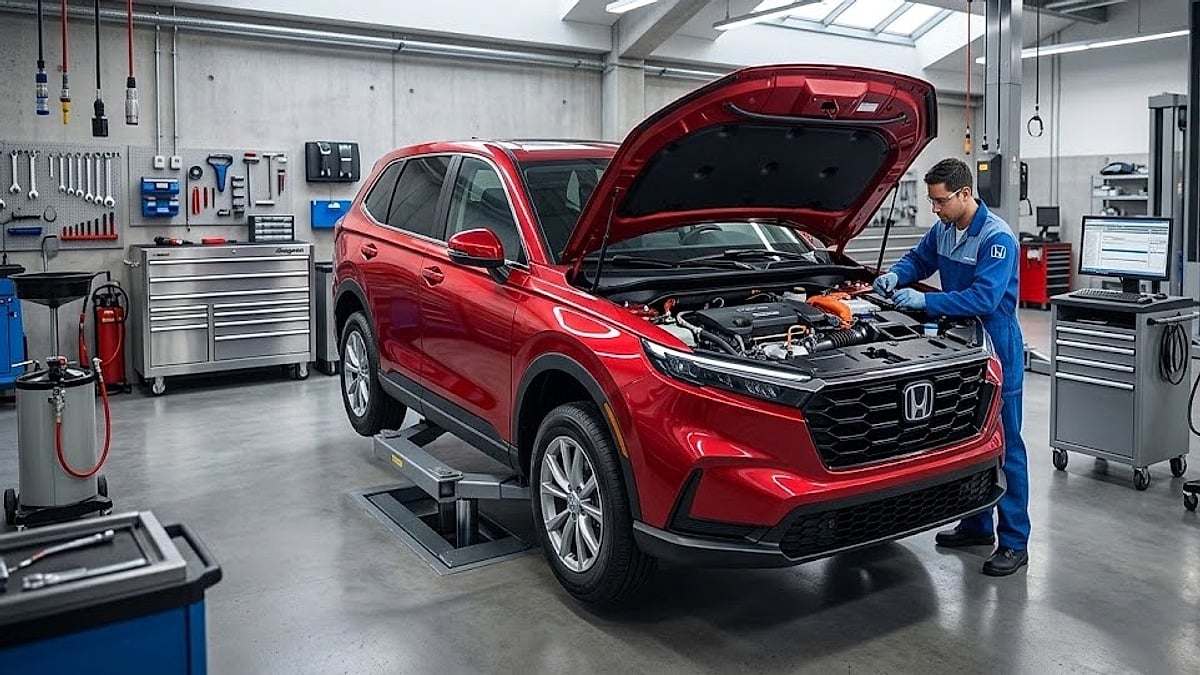 Technician diagnoses 2026 Honda CR-V Hybrid's complex electrical systems and steering gearbox issues in a detailed, modern dealer service bay