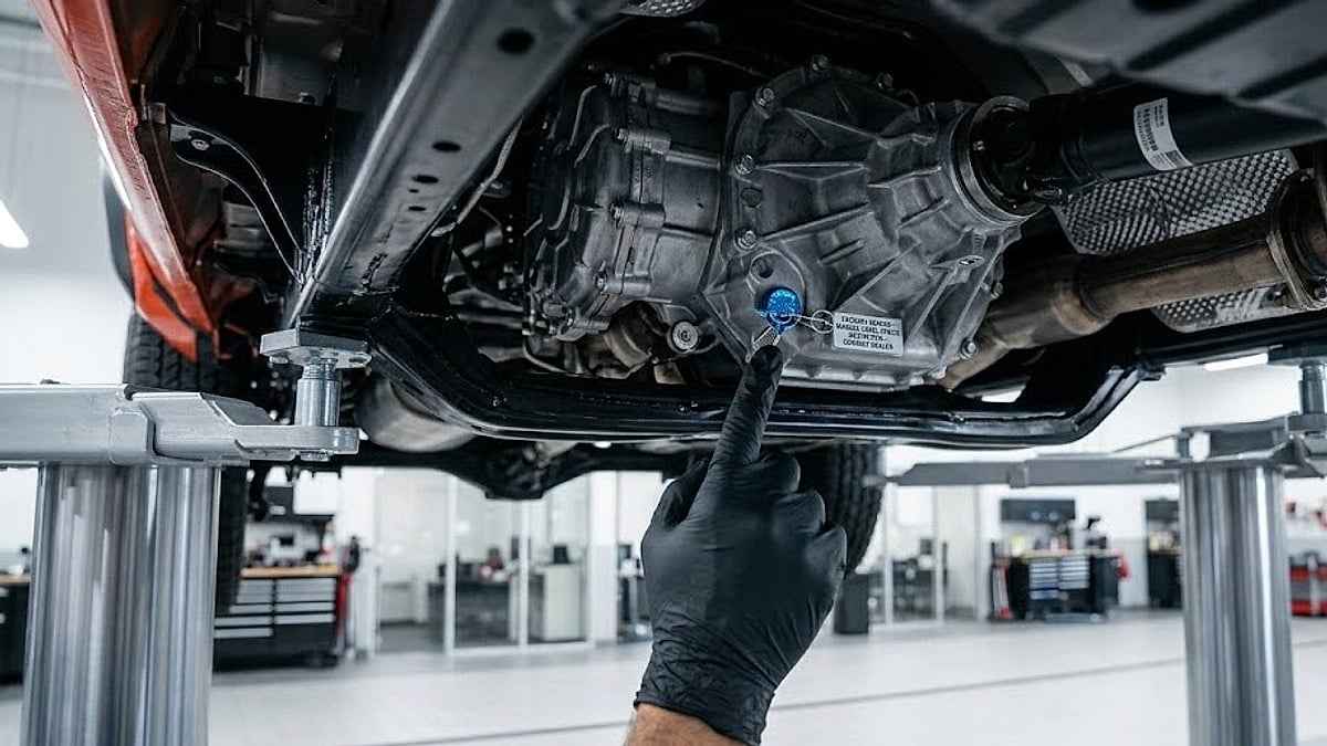 Technician points to the factory security seal on a 4th-Gen Toyota Tacoma sealed transmission unit during an underbody inspection