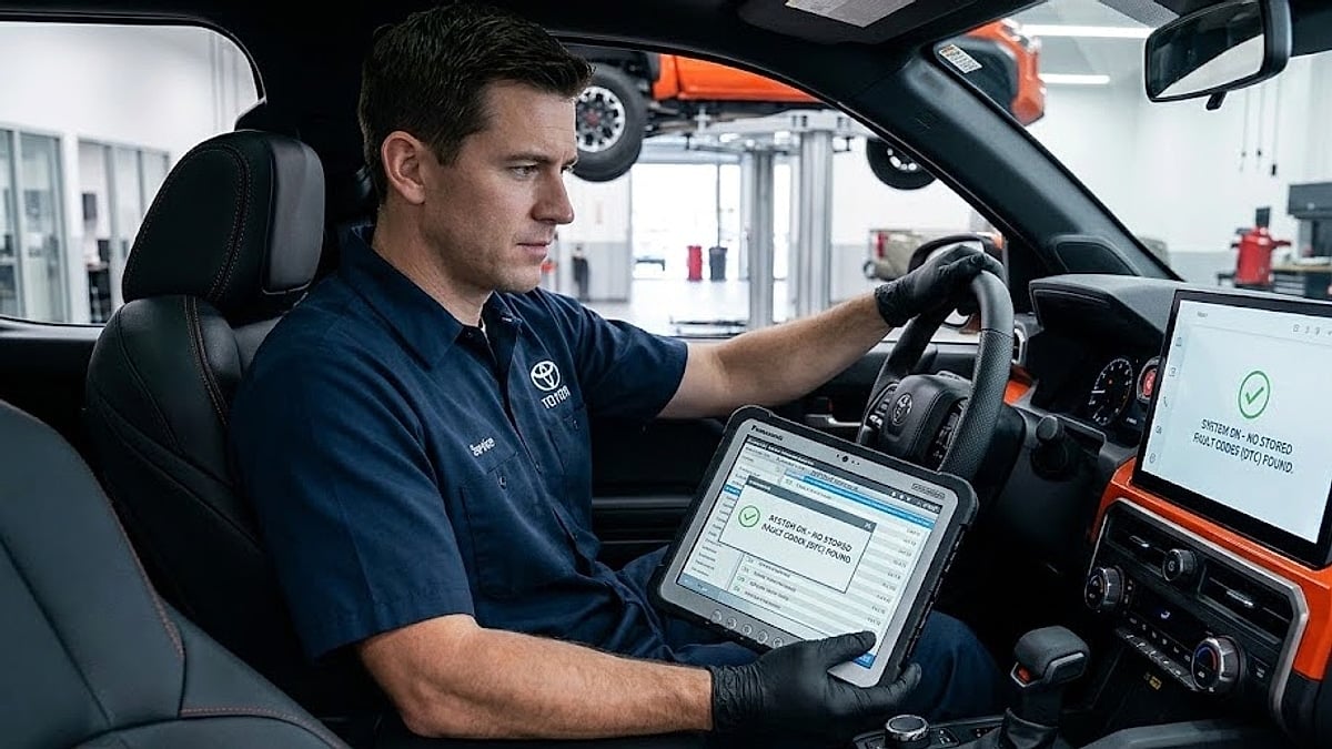 Technician scans a 2024–2026 Toyota Tacoma interior with a diagnostic tablet displaying no stored fault codes during service