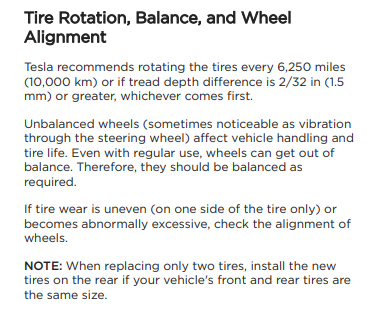 Screen shot of Tesla Model 3 owners manual tire rotation page courtesy of Tesla, Inc.