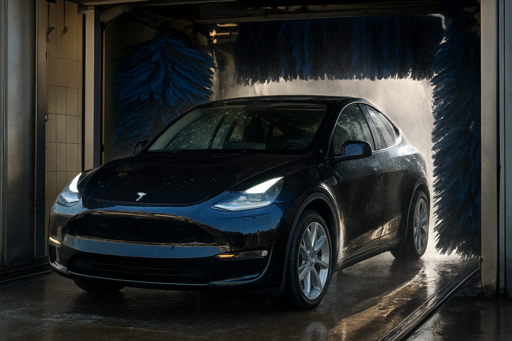 A tesla exits a car wash