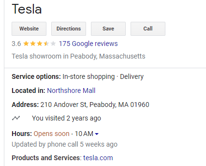 screenshot of Tesla Peabody Review Score July 10, 2023 courtesy of Google