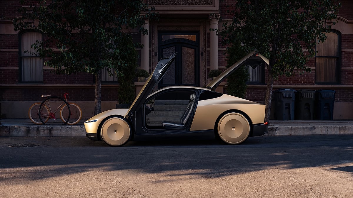 Futuristic Tesla Cybercab with gullwing doors open parked on a quiet urban street at dusk