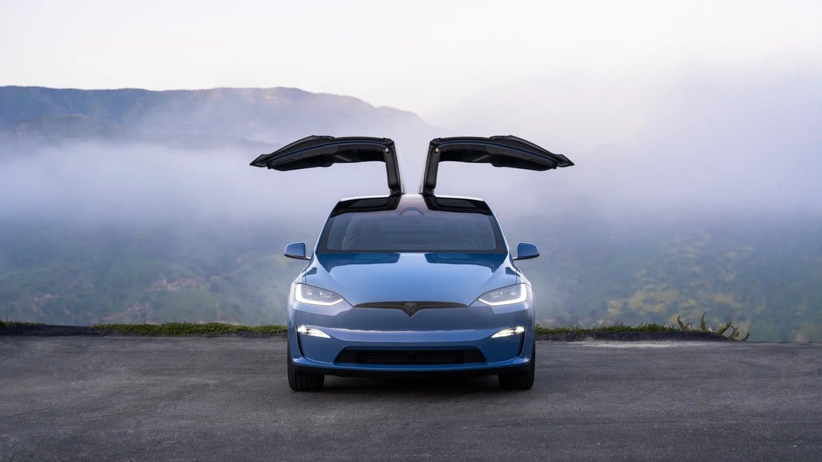 Tesla Model X blue electric SUV with gullwing doors open on mountain overlook
