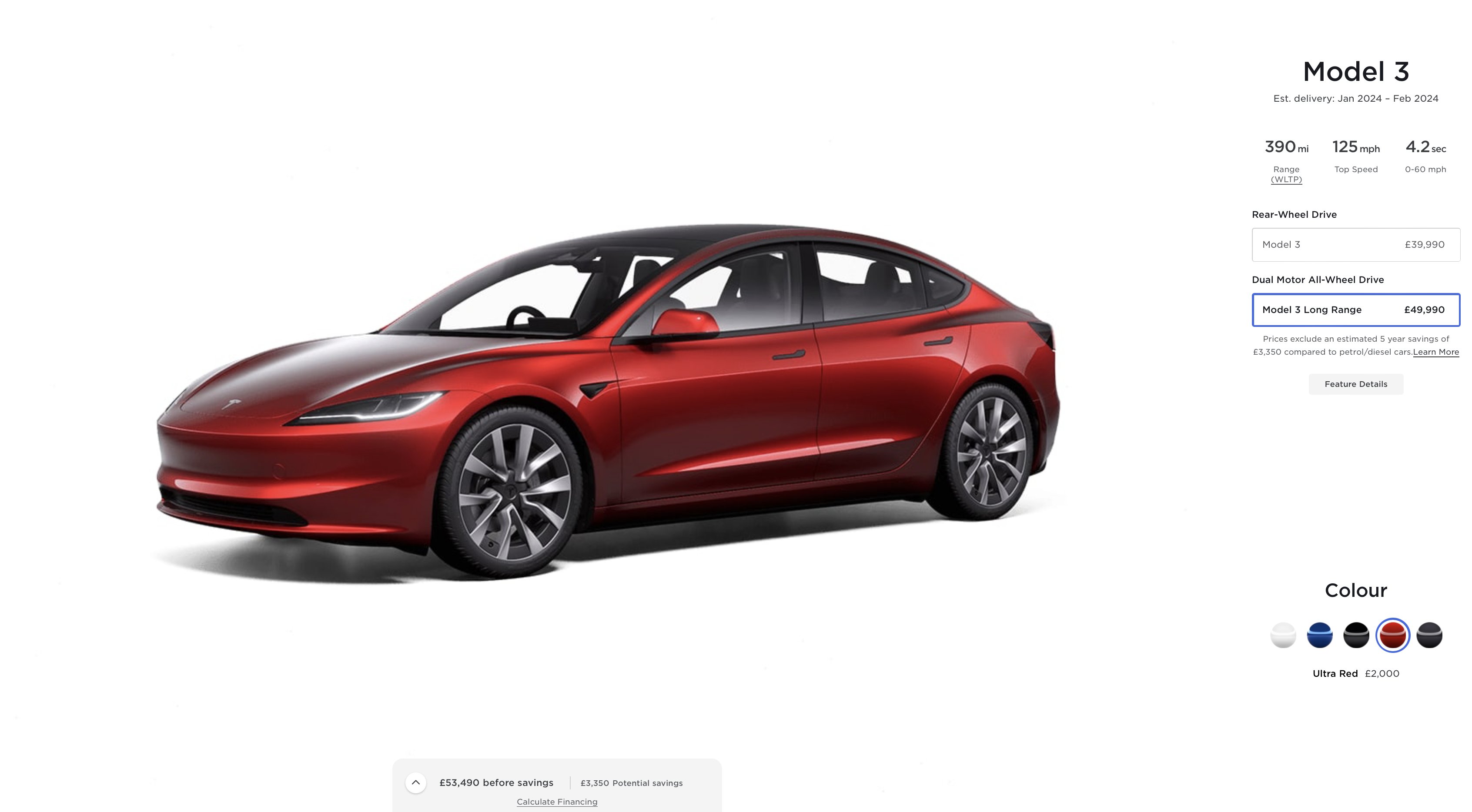 Tesla Model 3 long range - 390 miles of range