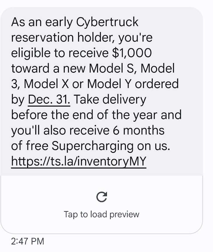 Tesla sends text as early Cybertruck reservation holder